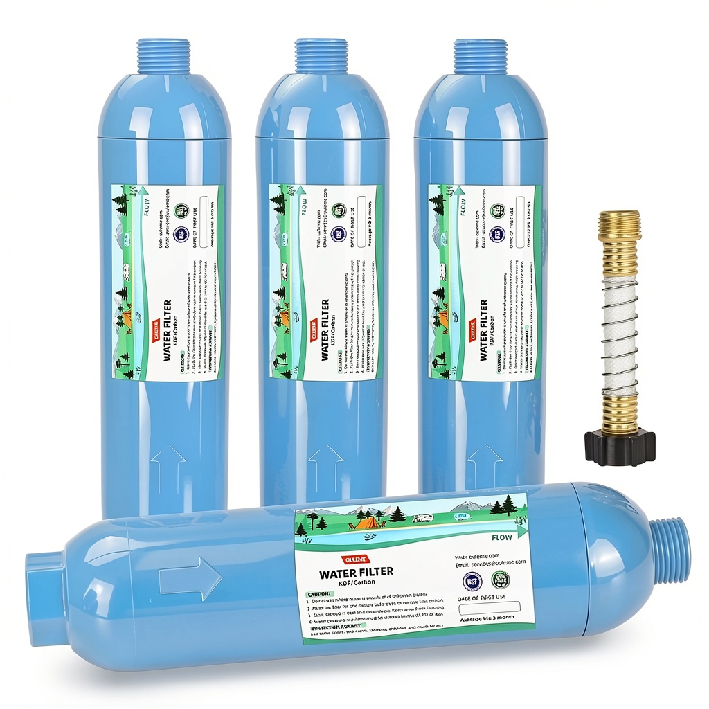 OULEME RV water filter installed on a camper hose