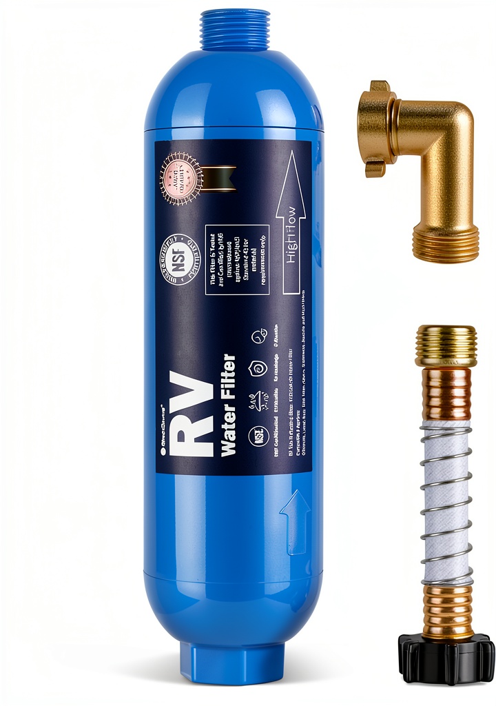 SheeChung RV Inline Water Filter installed on a hose line